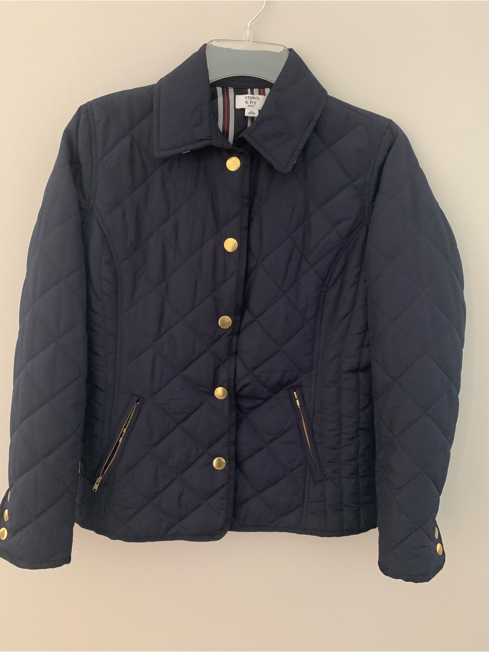 crown & ivy Quilted Navy Puffer Jacket with Gold Buttons